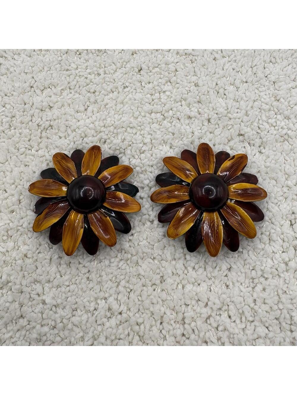 Vintage Enamel Flower Clip-On Earrings Layered Petals Statement Retro
